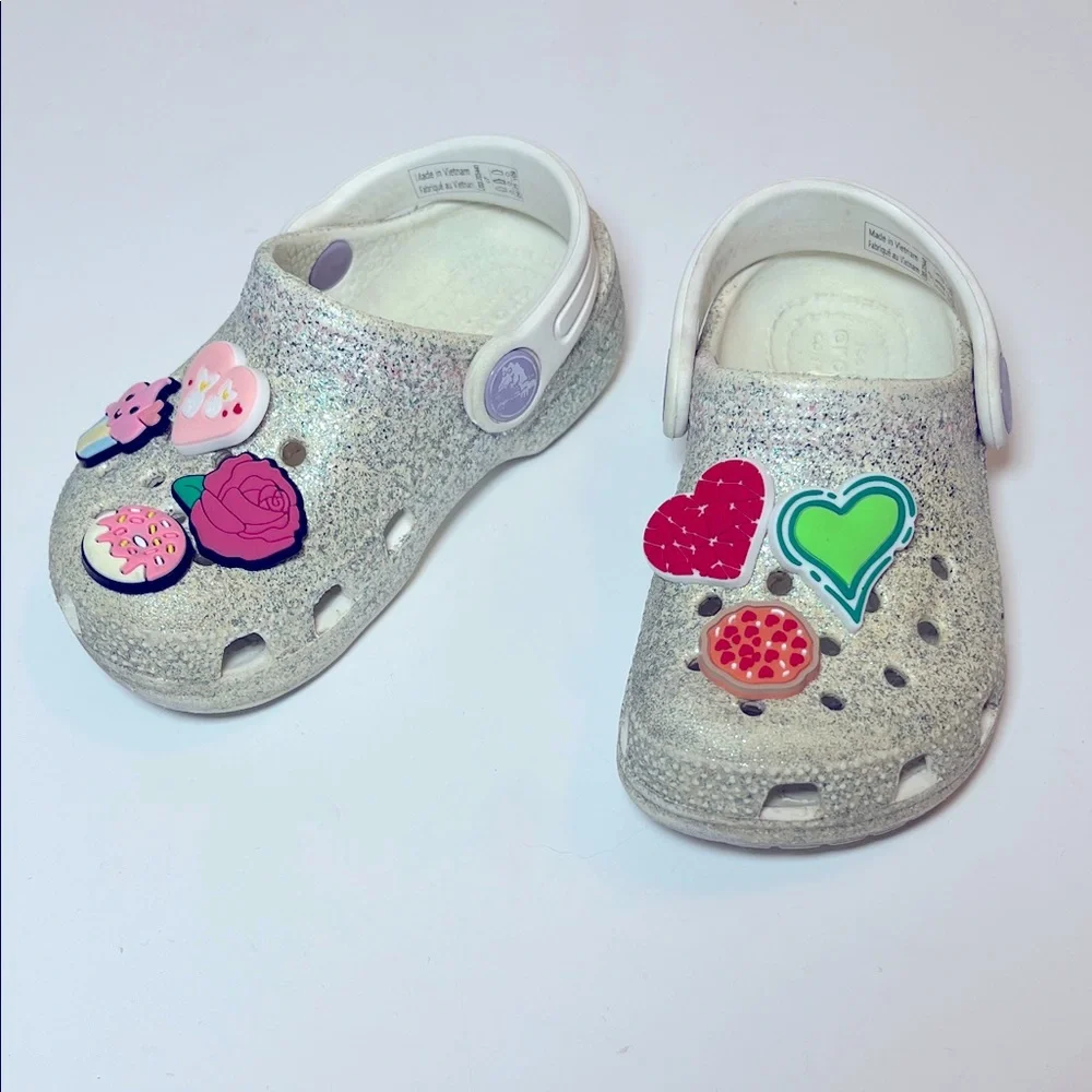 CROCS Kids Silver Glittery with Jibbitz - hearts, pizza, rose, donut & cupcakes